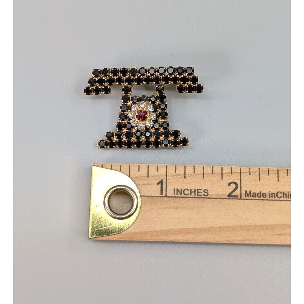 Vintage Telephone Rhinestone Brooch Black Gold Tone Rotary Old School Novelty - Picture 13 of 14